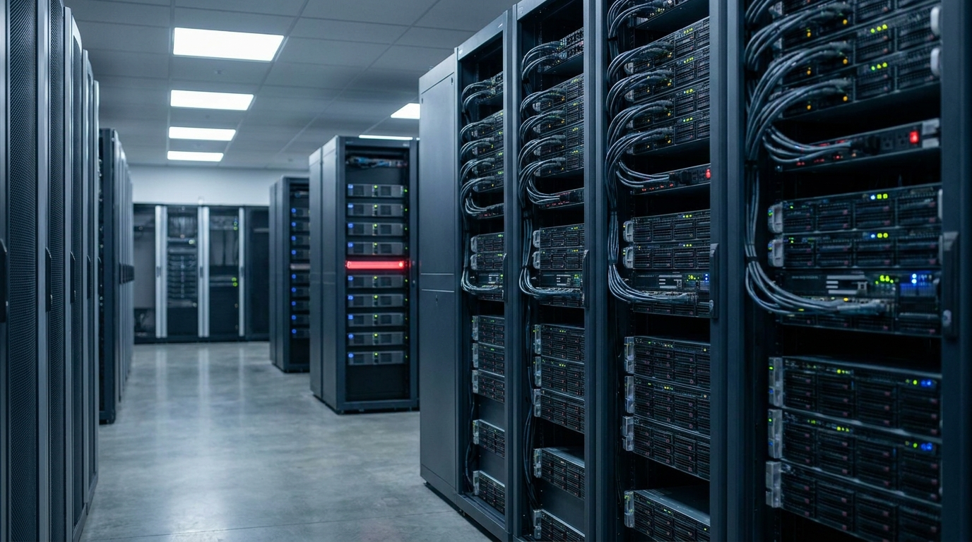 Rows of servers in a data centre, the open-source infrastructure Majorbird MES and the ERP run on.