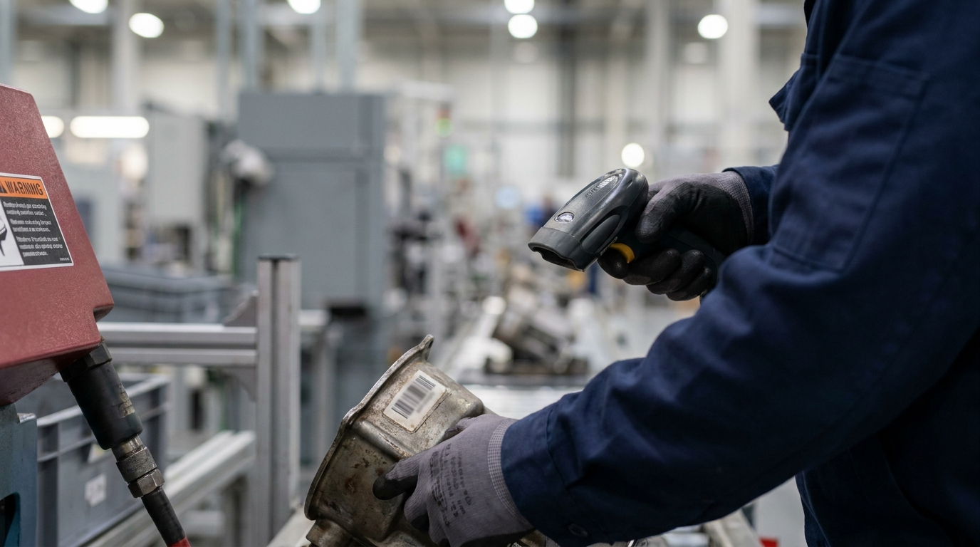 A gloved operator scanning a barcode on a part with a handheld scanner on the factory floor, capturing traceability.