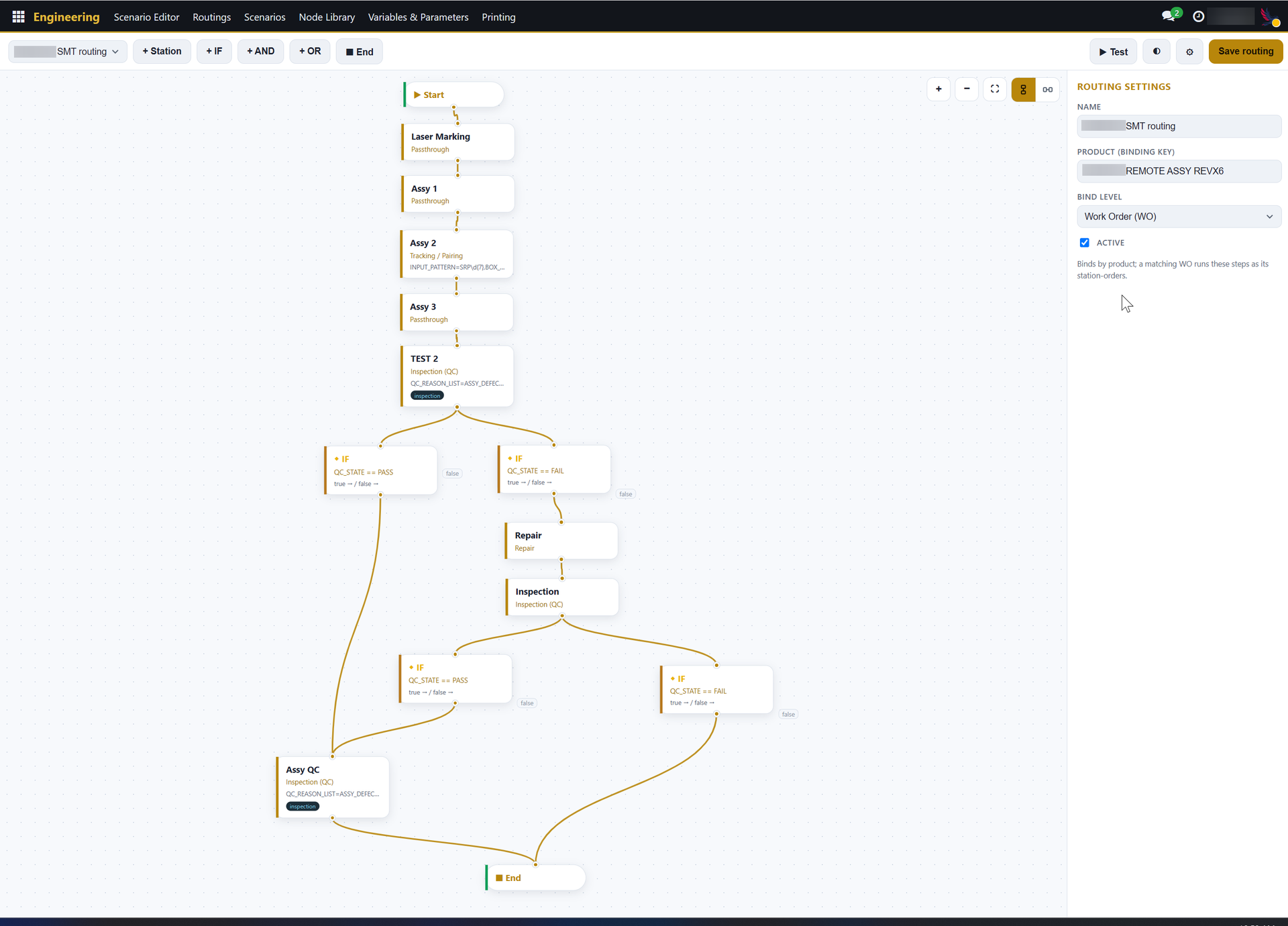 Majorbird MES routing editor, Start-to-multiple-Ends branch graph (client name masked)