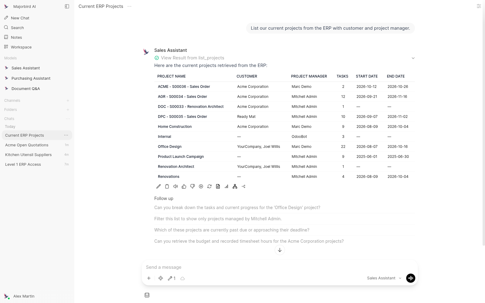 Screenshot: ERP records listed in the chat