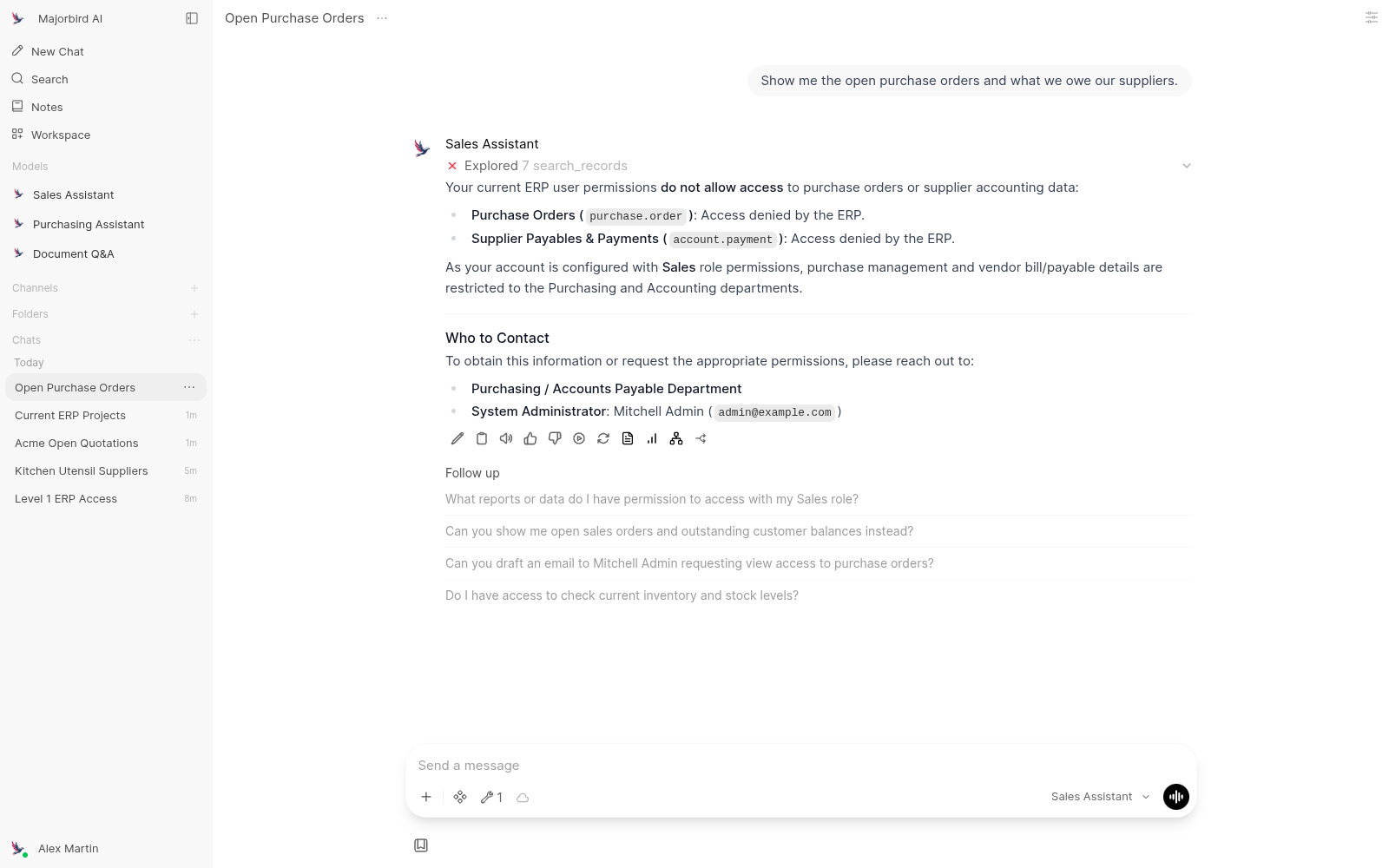 Screenshot: the assistant refusing a request outside the user's rights